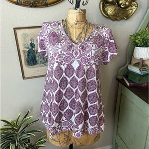 Great Northwest Indigo Pink‎ Purple Paisley Floral Beaded V Neck Tee Blouse Sz M